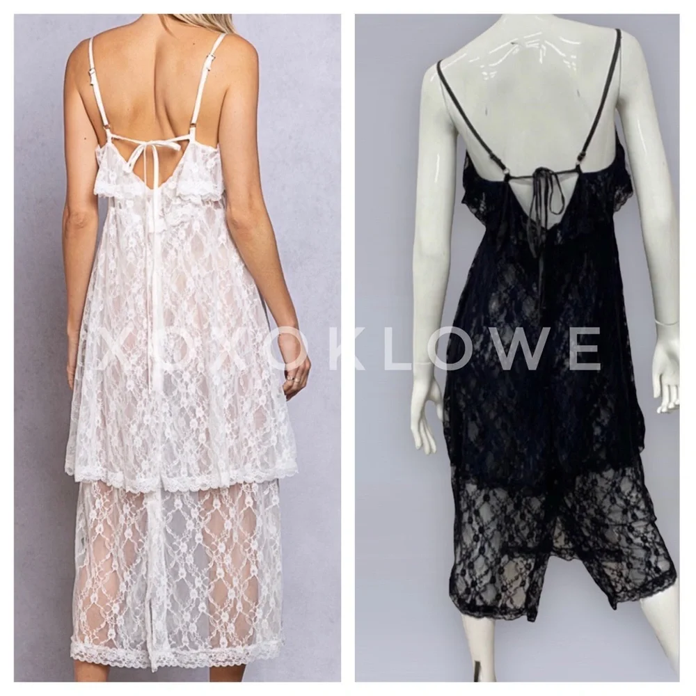 POL Black Sheer Lace Ruffle Tiered Layering Slip